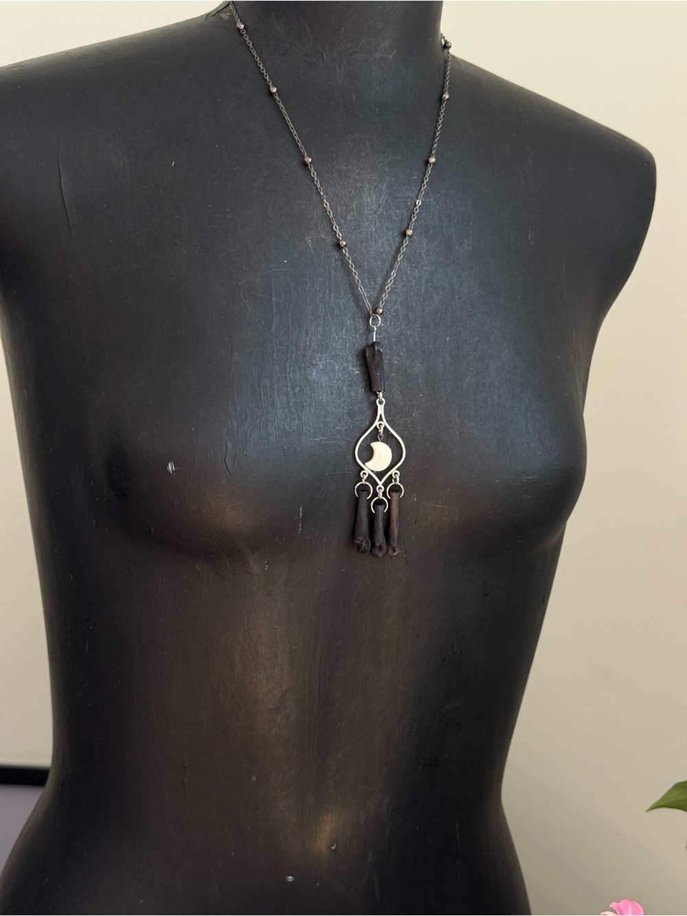 Boho goth bone necklace pennant abalone moon coyote foot bone necklace oddities